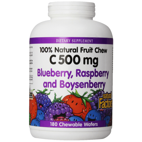 Natural Factors Vitamin C Blueberry Raspberry Boysenberry Chewables 500mg Wafers 180Count