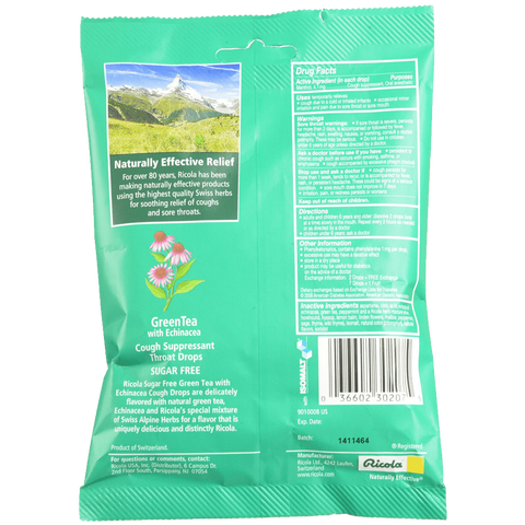 Ricola Cough Suppressant Throat Drops Green Tea with Echinacea Sugar Free 19 Drops